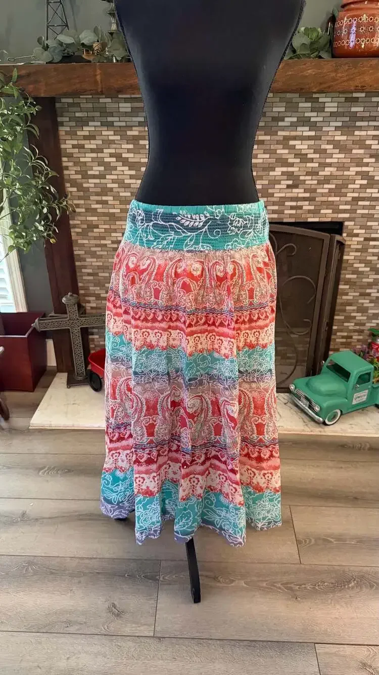 Cato Women's Bohemian Paisley Print Shirred Smocked Waist Maxi Skirt Size Large